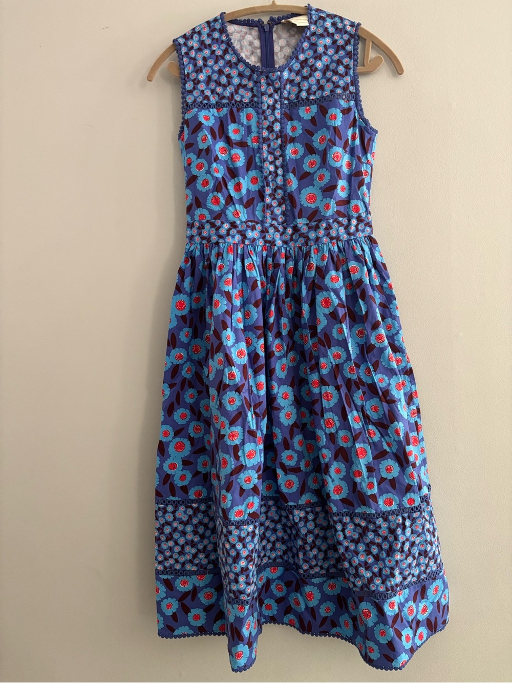Kate Spade New York Tangier Floral Midi Dress Blue Red Eyelet Trim Size 2 Luxe